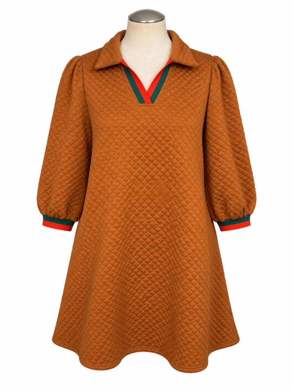 NWT Wenrine Brown Quilted Mini Dress M Collared V Neck Puff Sleeve Colorblock